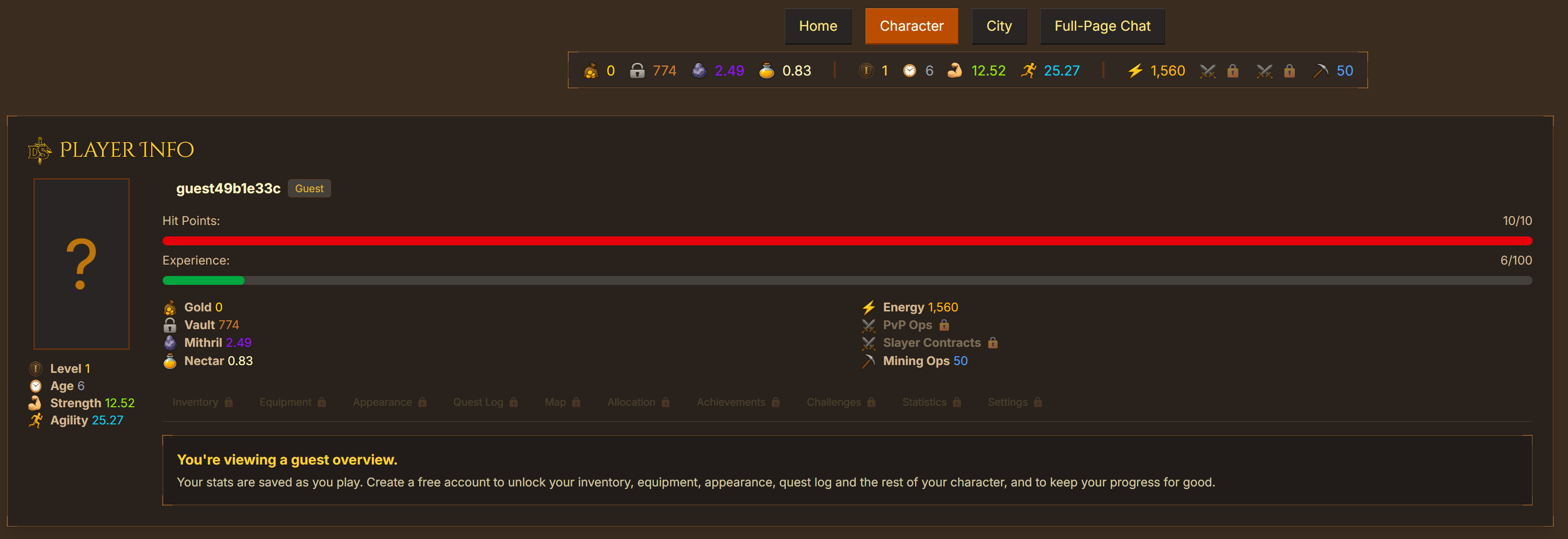 The in-game character overview page, available to guests before they sign up.